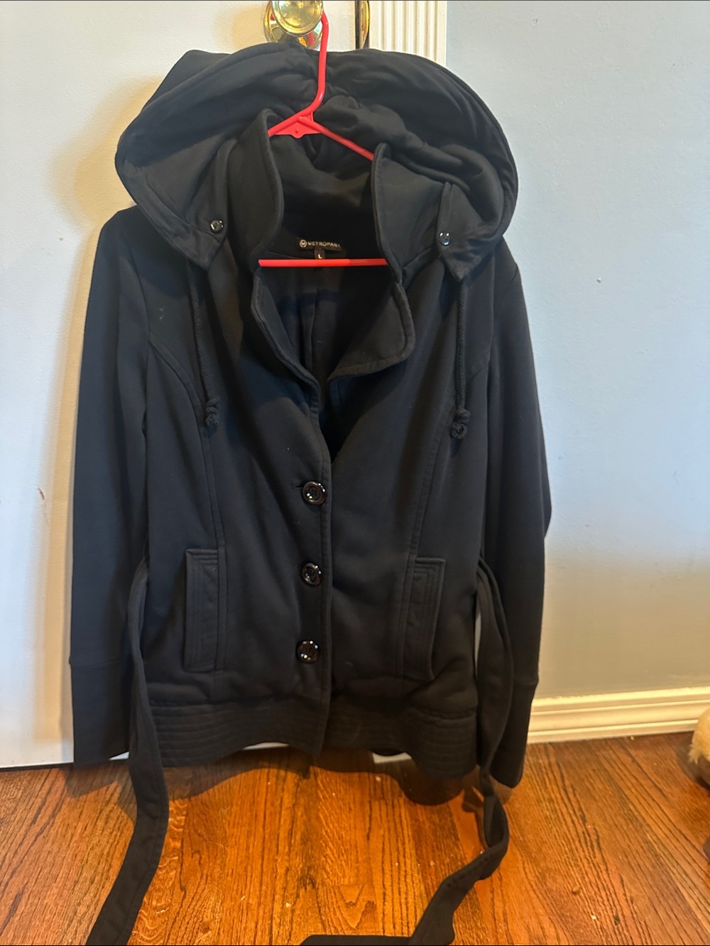 Metropark Black Hooded Utility Jacket with Tie Waist